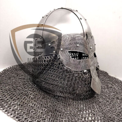 Side view of Viking Engraved Ocular Helmet handcrafted Viking Helmet for reenactment, SCA, and historical armor collections
