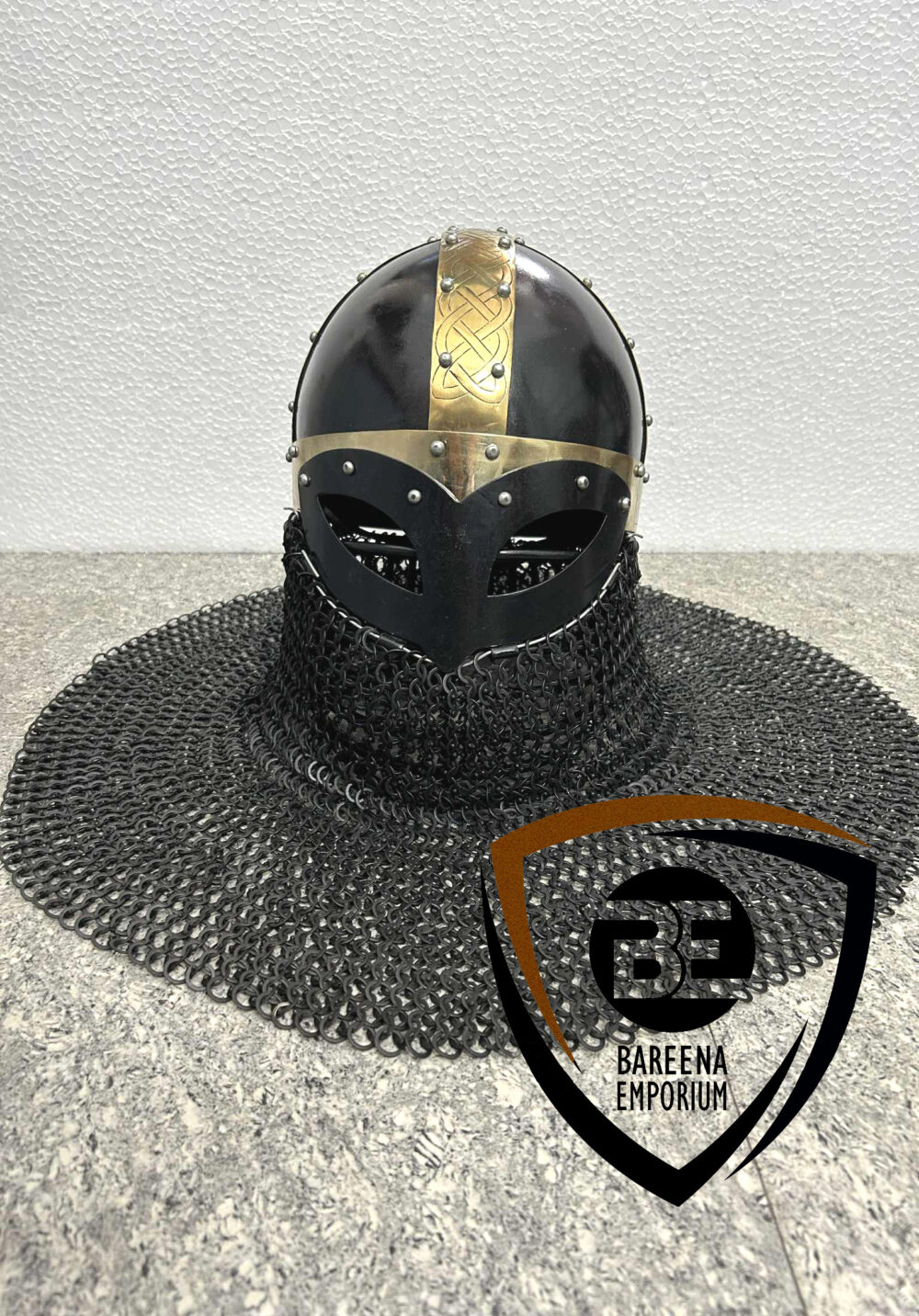BE - Blackened Gjermundbu Helmet with Brass Embellishment – 14 Gauge Viking Armor with Riveted Chainmail