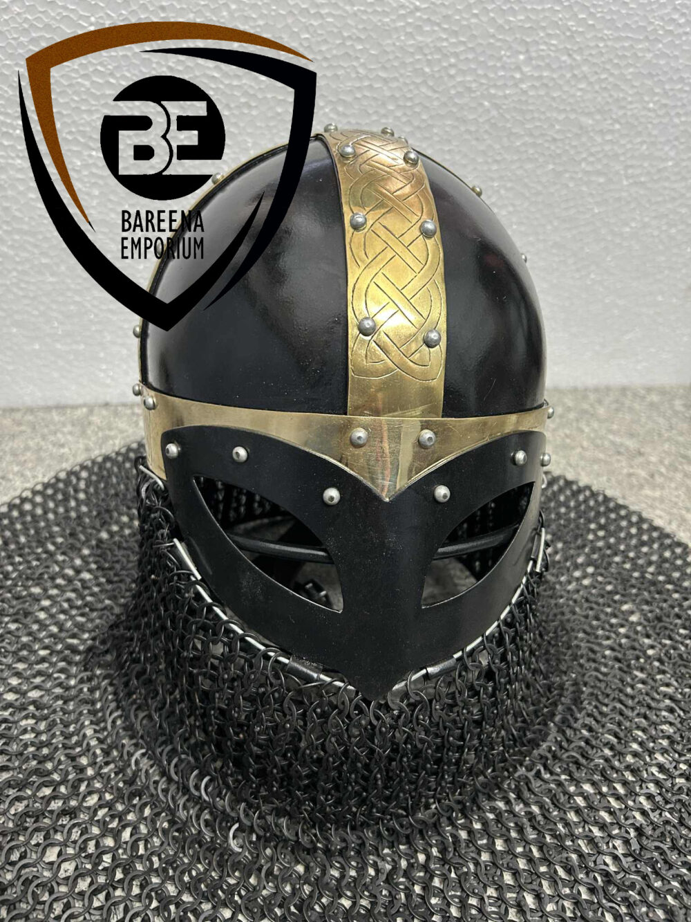BE - Blackened Gjermundbu Helmet with Brass Embellishment – 14 Gauge Viking Armor with Riveted Chainmail - Image 3