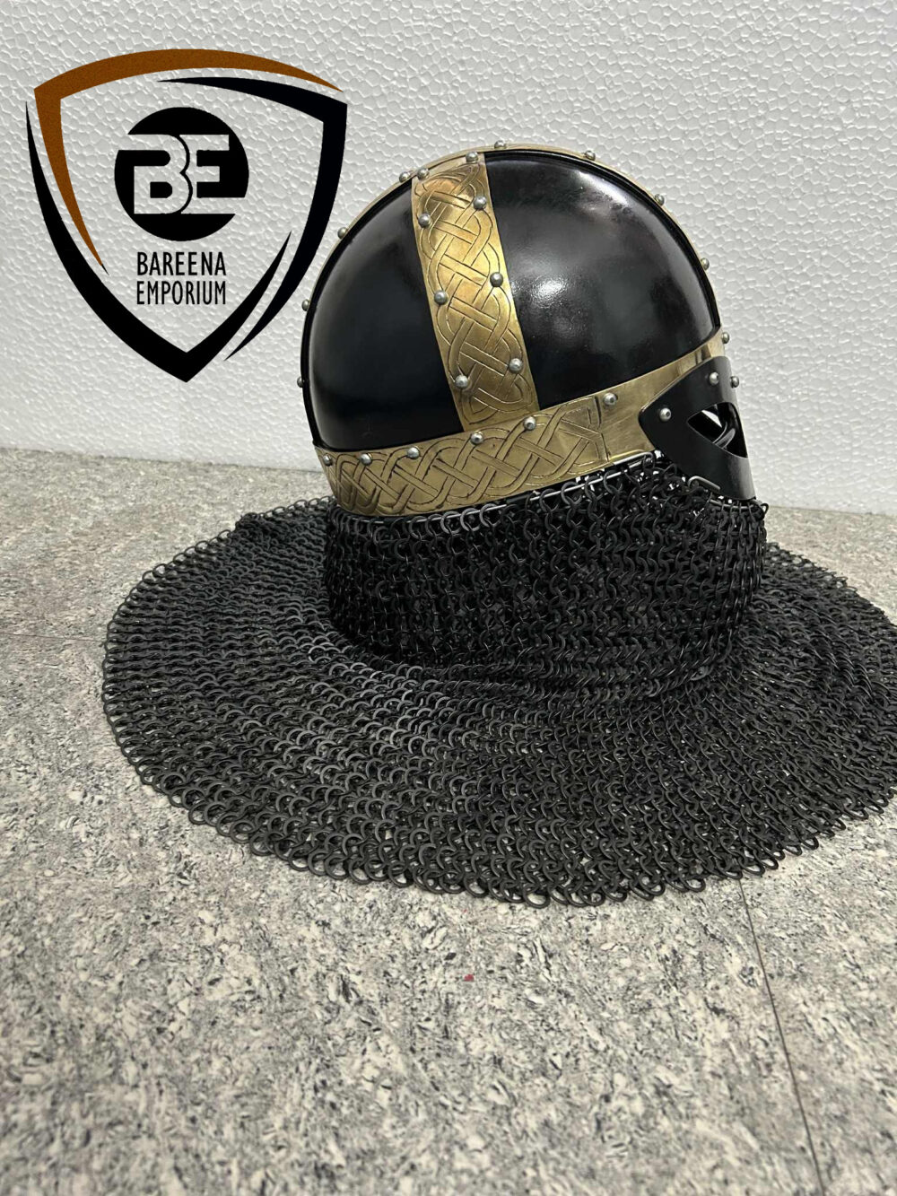 BE - Blackened Gjermundbu Helmet with Brass Embellishment – 14 Gauge Viking Armor with Riveted Chainmail - Image 2