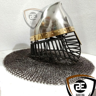 BE Italo-Norman Helmet – 14-Gauge Steel Medieval Helmet with Brass Accents & Riveted Aventail