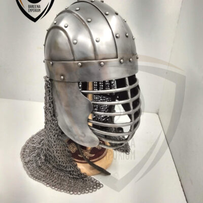 BE - Byzantine Concentric Helmet with Face Grill, Cheek Plates & Riveted Chainmail – 14 Gauge Steel