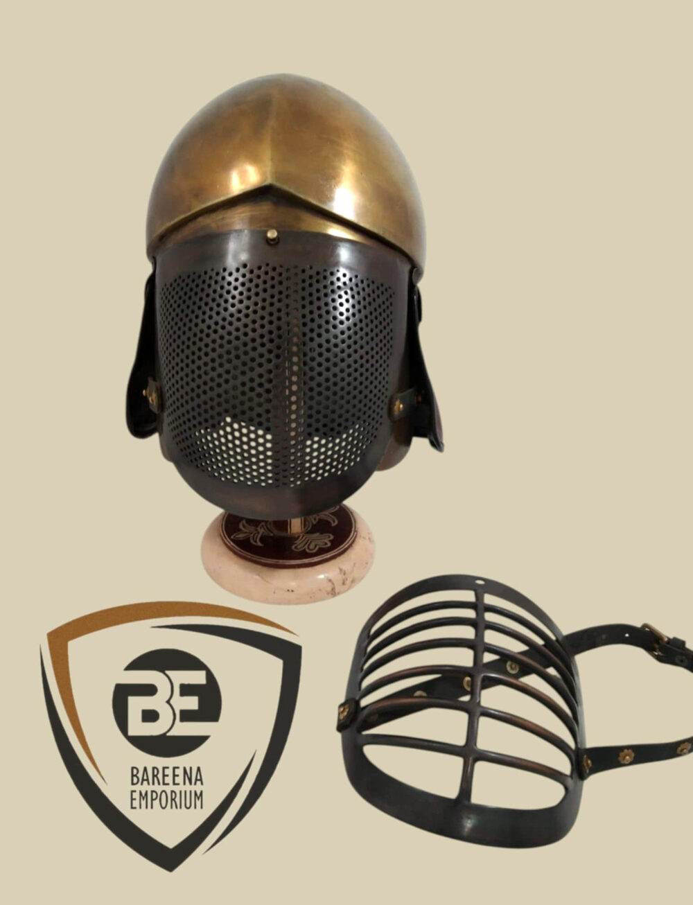 BE - Corinthian Helmet – 14 Gauge Mild Steel with Brass Electroplating, Interchangeable Face Plate - Image 2