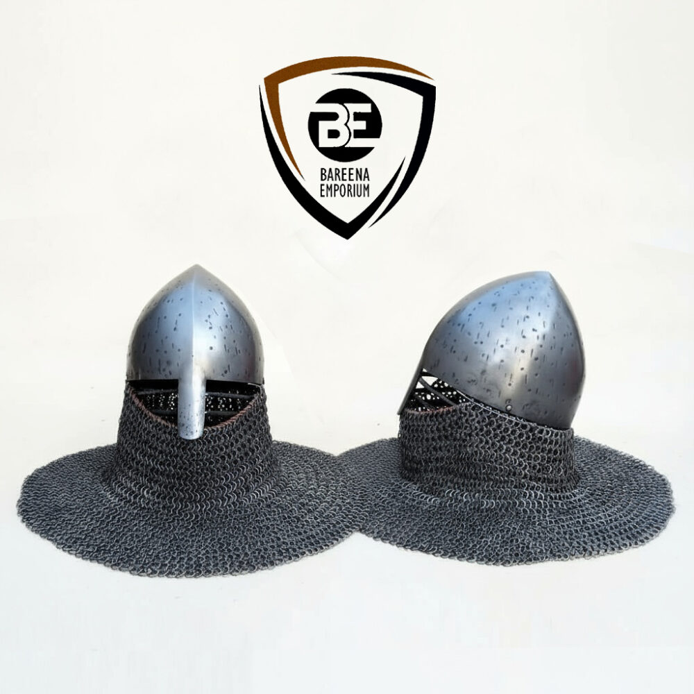 BE - 12 Gauge Conical Helmet with Riveted Chainmail | SCA Legal Mild Steel Helmet | Medieval Reenactment Armor