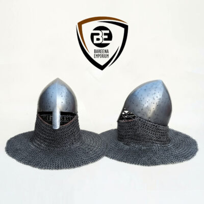 BE - 12 Gauge Conical Helmet with Riveted Chainmail | SCA Legal Mild Steel Helmet | Medieval Reenactment Armor