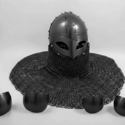 BE - Premium Blackened Steel Helmet with Knee & Elbow Cops – Medieval Armor Set